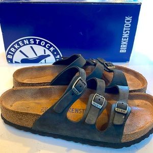 Birkenstock Florida Black Leather Sandals Soft Footbed Size 38 EU